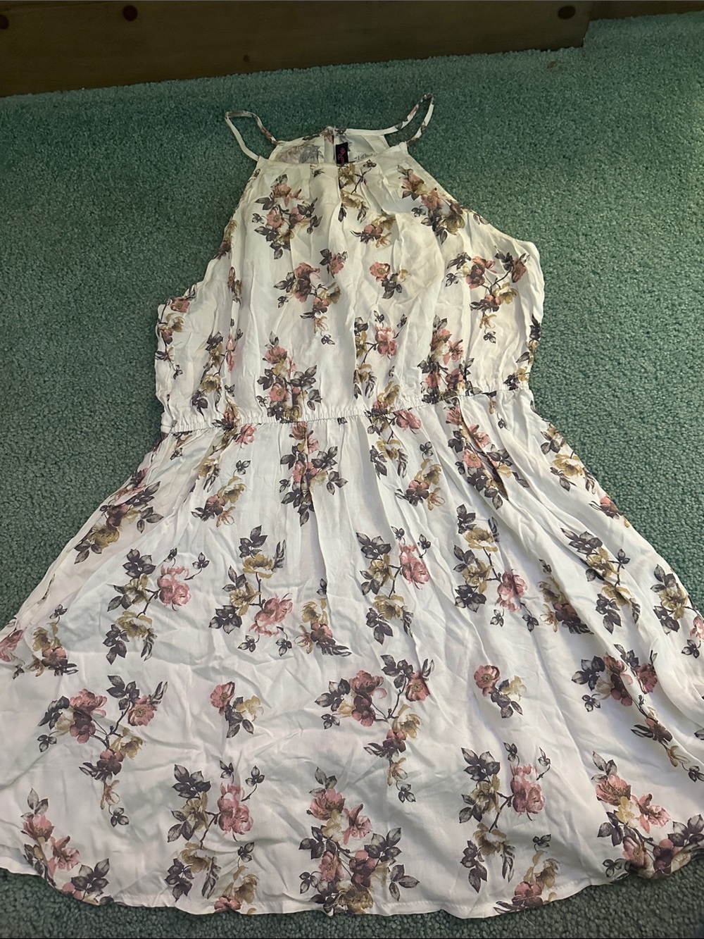 Lorena Rose White Halter Floral Mini Dress with Pink and Green Print